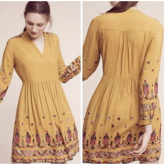 Anthropologie Floreat Raella Mustard Tunic Dress L - Picture 12 of 12